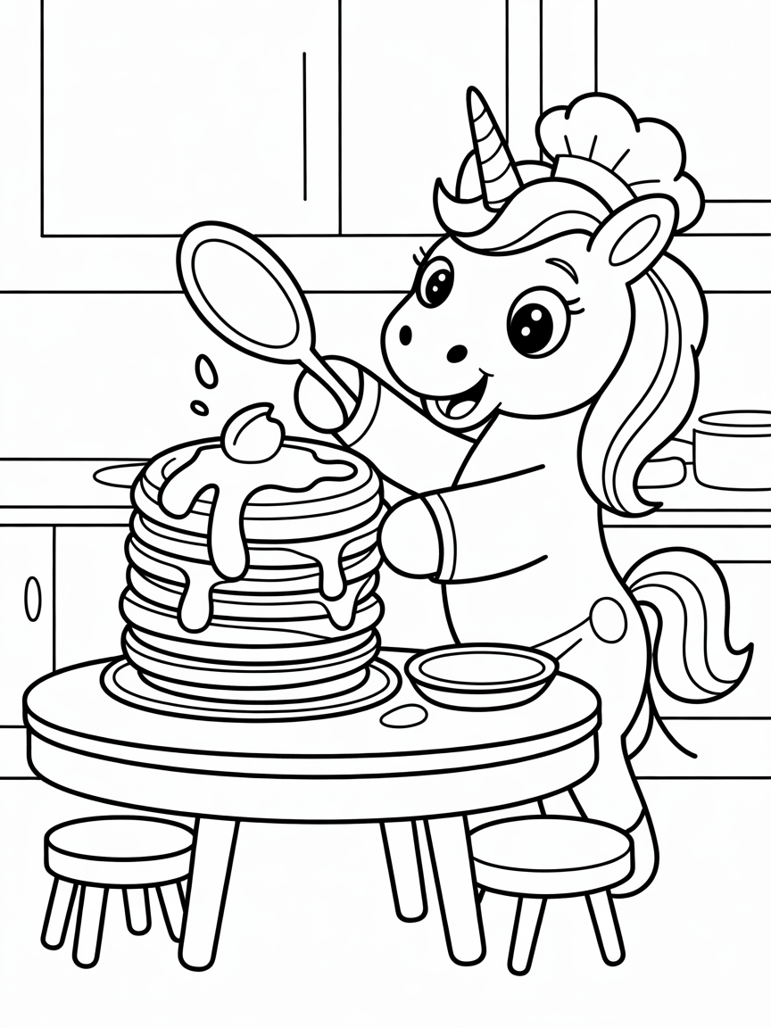 Unicorn making rainbow pancakes - Free Coloring Page