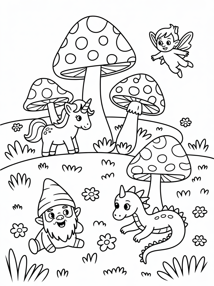 Fairy land with mushrooms and magical creatures - Free Coloring Page