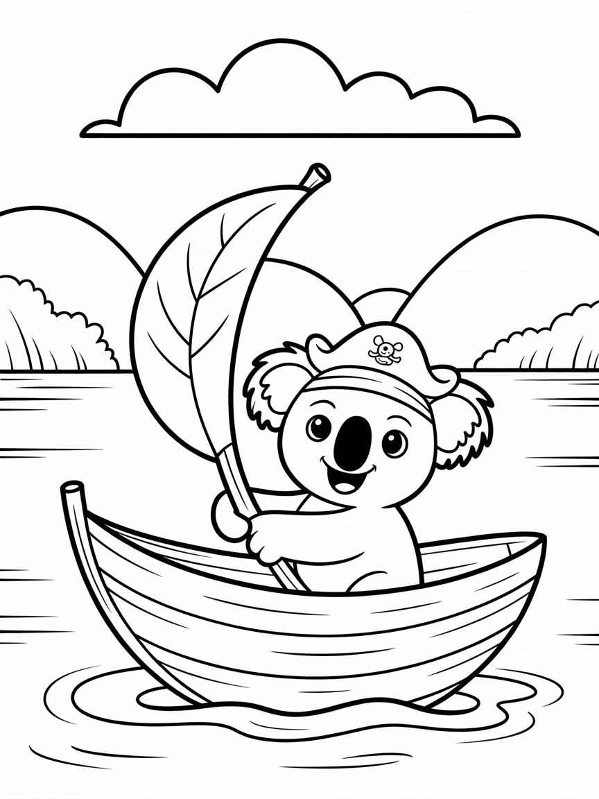 Pirate koala sailing a leaf boat - Free Coloring Page