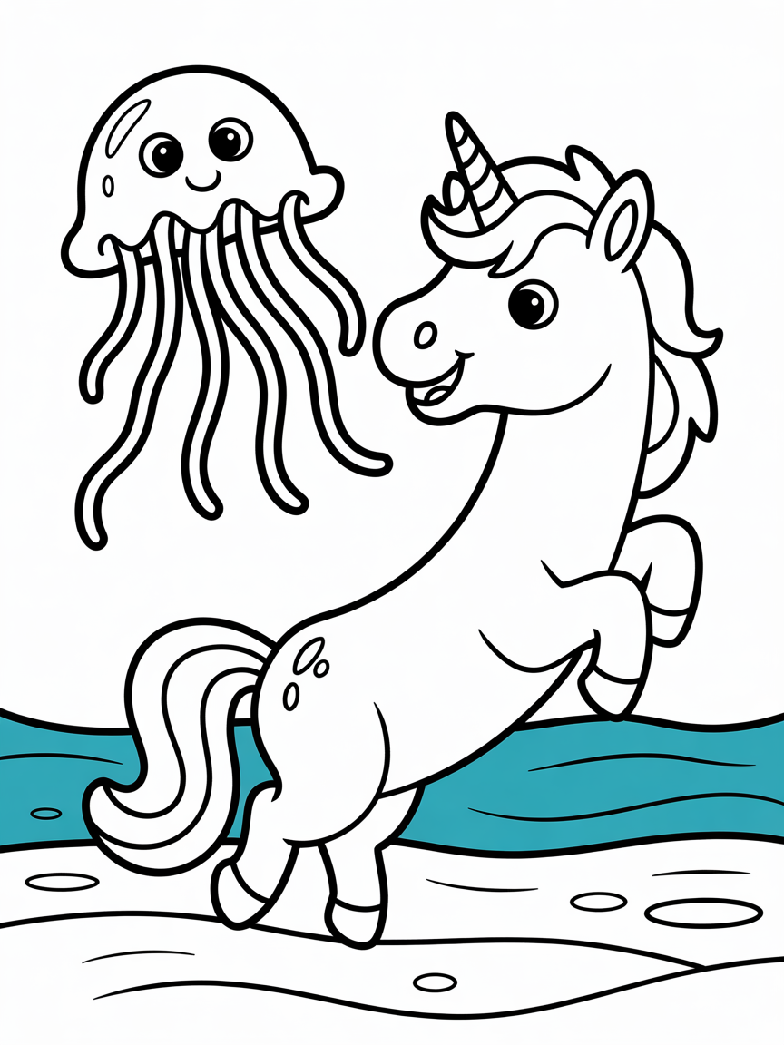 Unicorn and jelly fish - Free Coloring Page