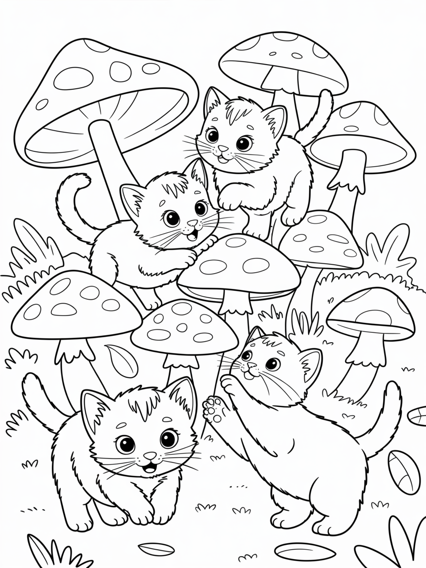 Cute cats surrounded by mushrooms - Free Coloring Page
