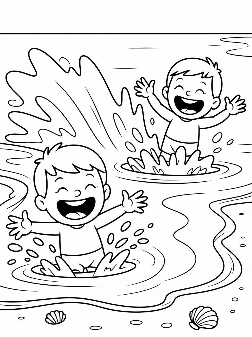 two boys splashing at the shore - Free Coloring Page