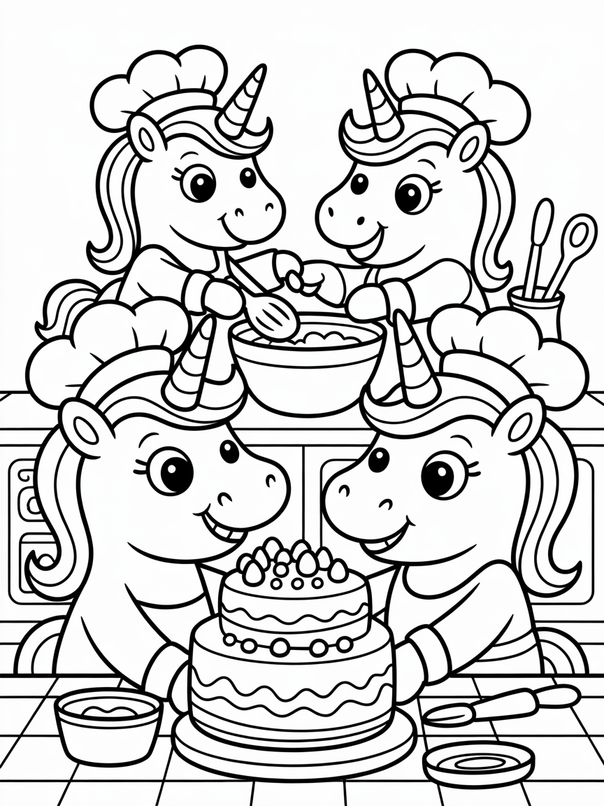 Unicorns baking a rainbow cake - Free Coloring Page