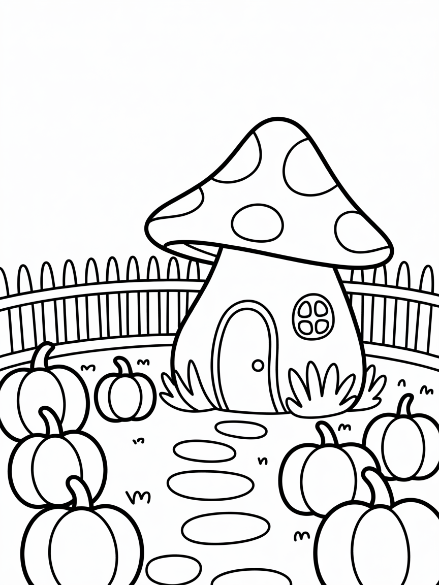 Red cap mushroom fairy house with pumpkin patch yard and picked fence - Free Coloring Page