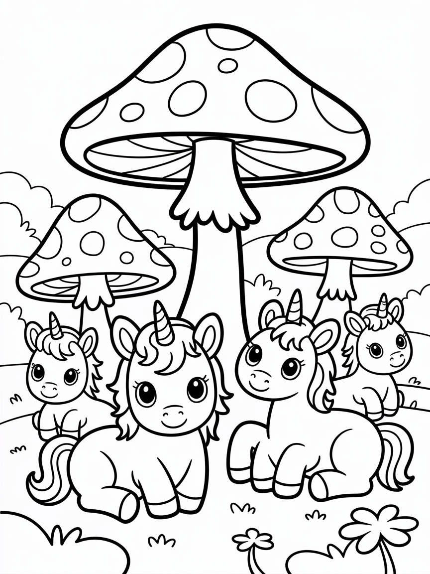 Tiny unicorns living under mushrooms - Free Coloring Page