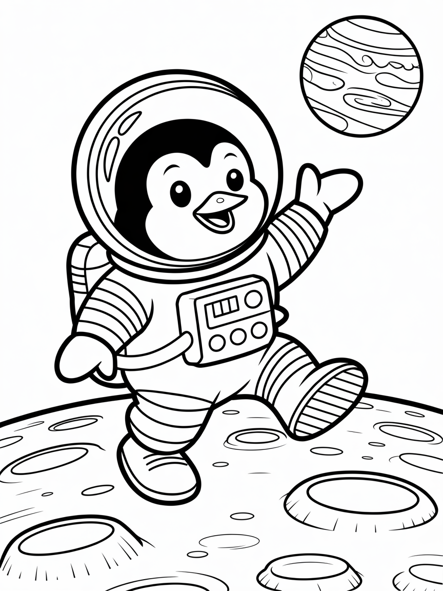 Astronaut penguin exploring Jupiter's moons - Free Coloring Page