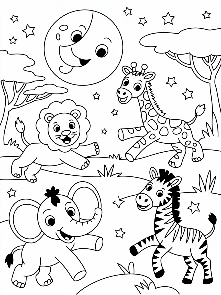 Moonlit safari with dancing animals - Free Coloring Page