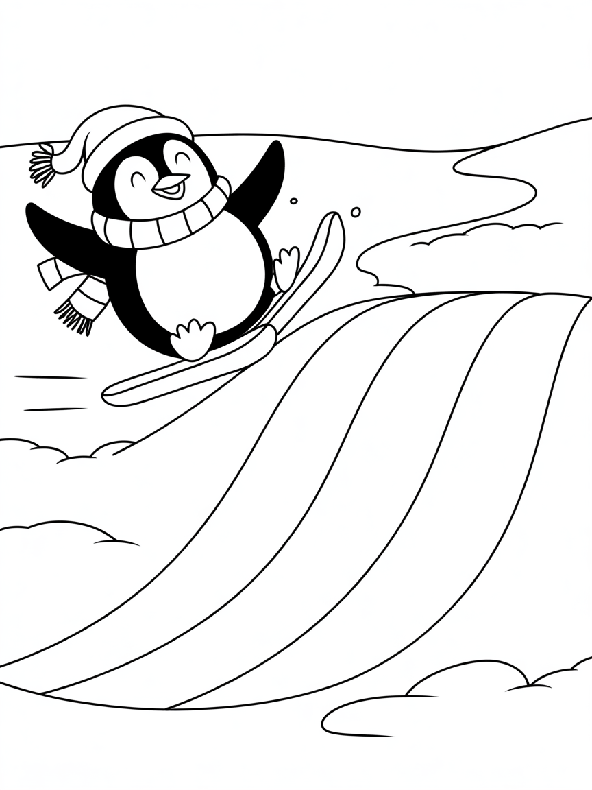 Penguin skiing down rainbow slopes - Free Coloring Page