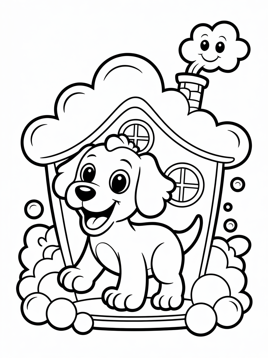Dinosaur puppy living in a cloud house with bubbles for flowers - Free Coloring Page