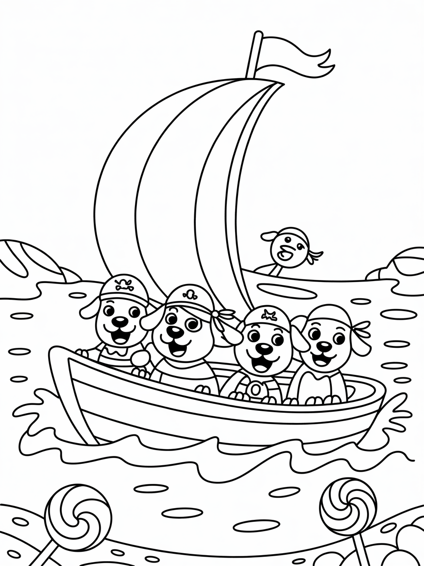 Pirate dogs sailing candy seas - Free Coloring Page