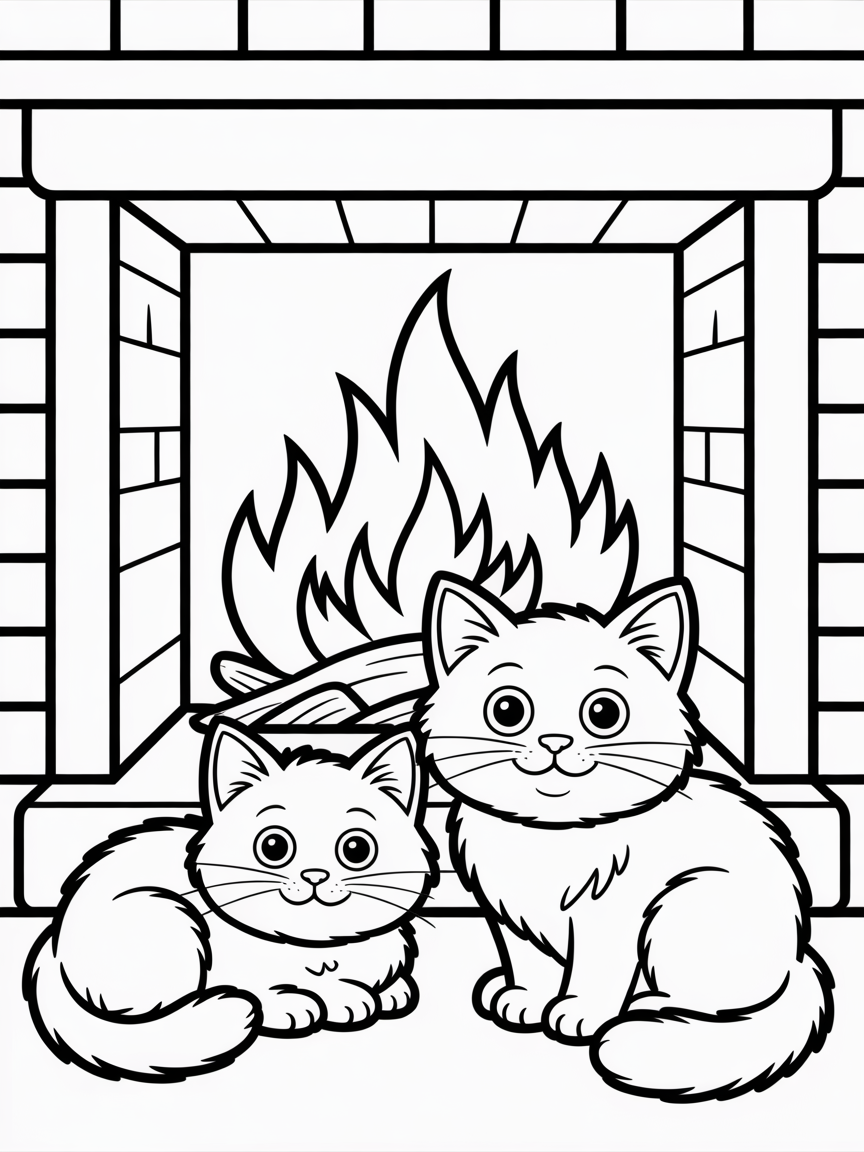 Two cats and a fireplace - Free Coloring Page