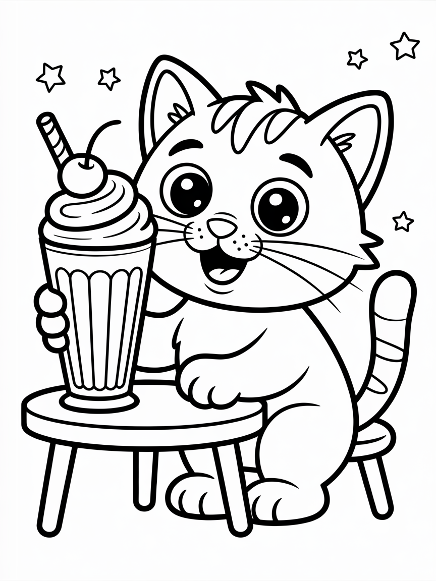 A cat with a milkshake - Free Coloring Page