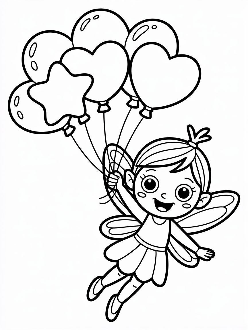 Fairy flying with colorful balloons - Free Coloring Page