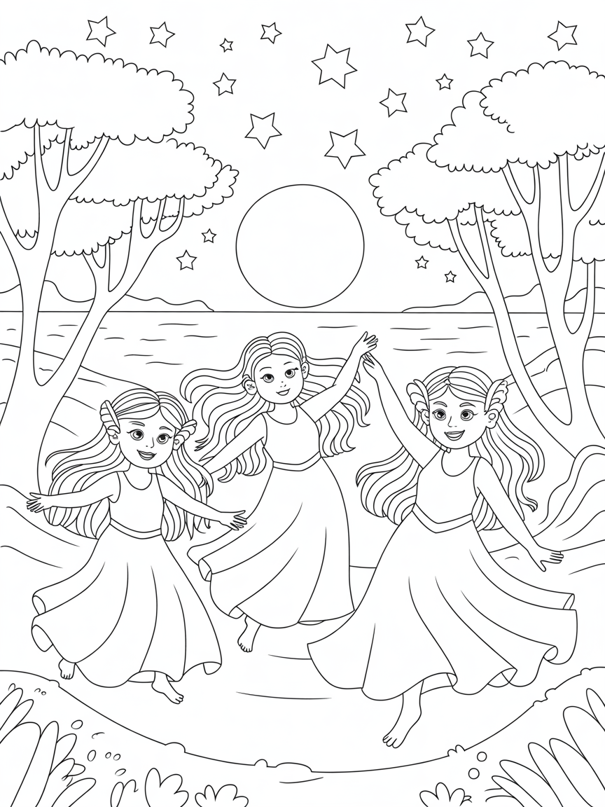Magical ethereal forest Naiads moonlight stars ocean glow - Free Coloring Page