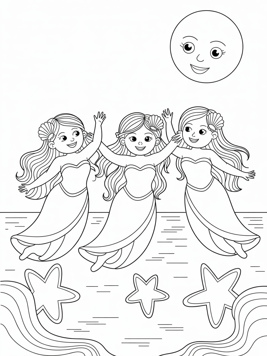 Magical ethereal Naiads moonlight stars ocean glow - Free Coloring Page