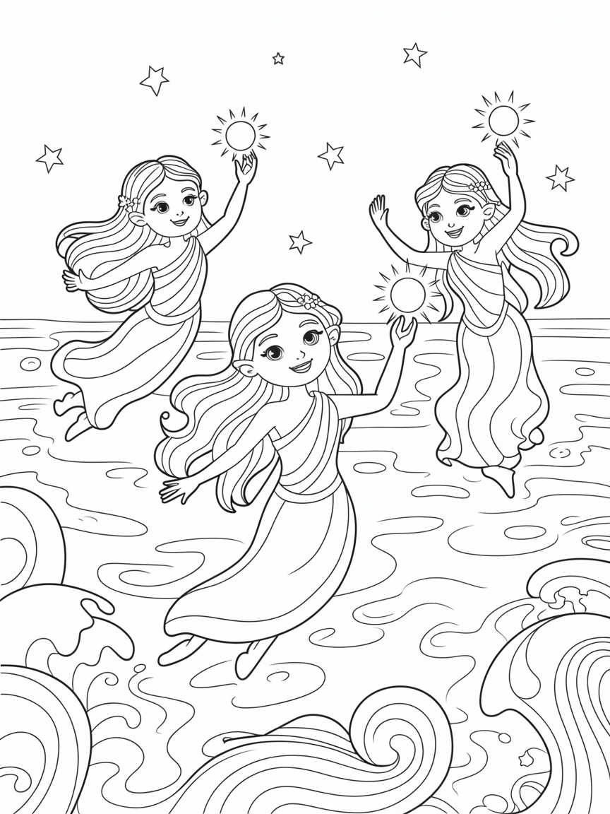 Naiads moonlight stars ocean glow - Free Coloring Page