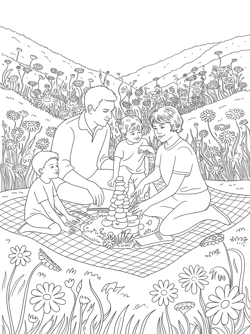 Family of four, father, mother and two boys - Free Coloring Page