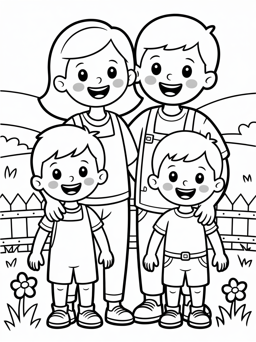 Family of four, two boys - Free Coloring Page