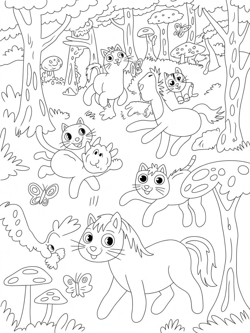 Lots of cats and horse in a mystiours wood - Free Coloring Page