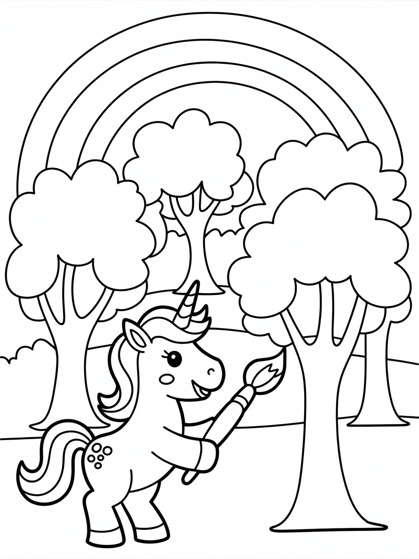 Unicorn painting a rainbow forest - Free Coloring Page