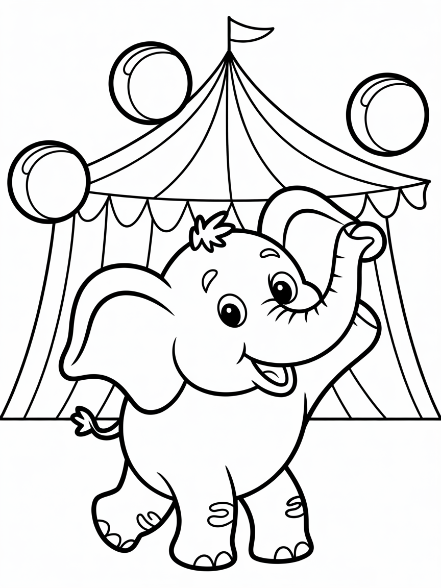 Circus elephant juggling colorful balls - Free Coloring Page