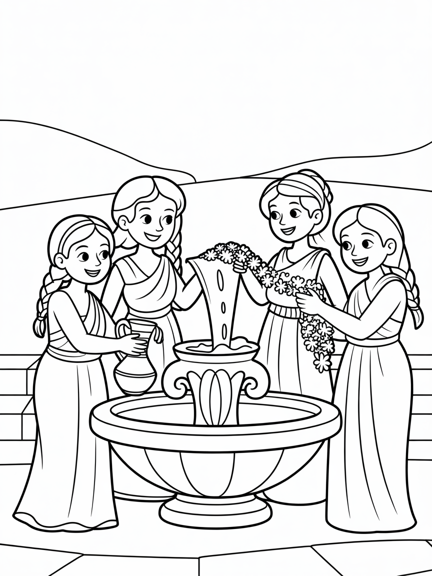Greek women at the fountain - Free Coloring Page