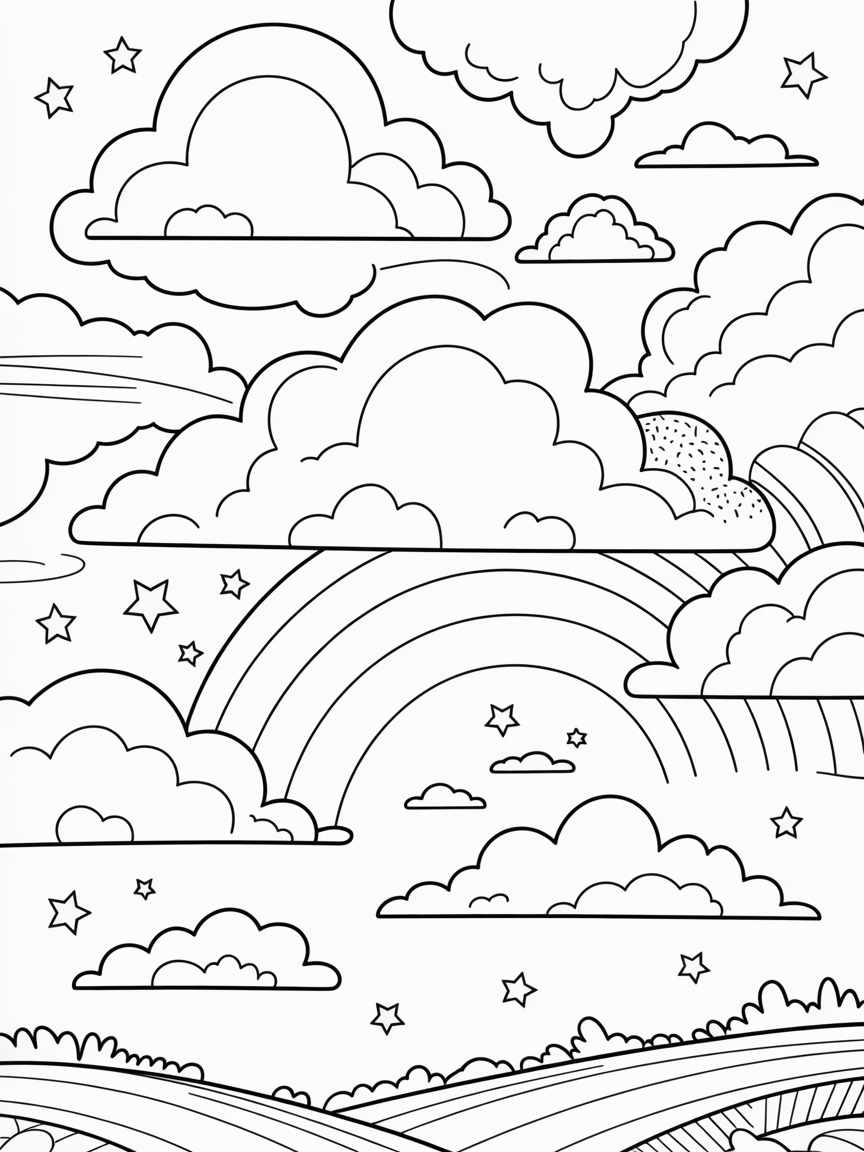 Clouds in a rainbow sky - Free Coloring Page