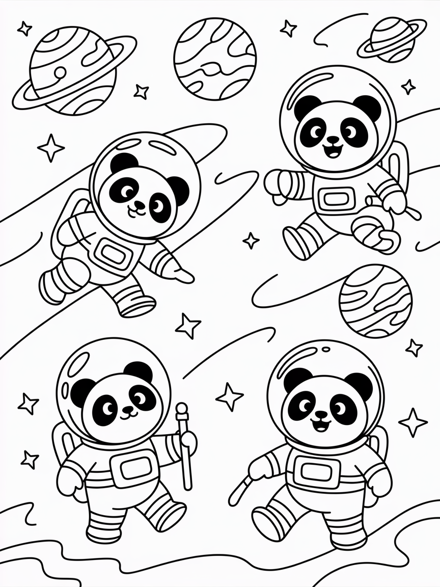 Panda astronauts exploring colorful planets - Free Coloring Page