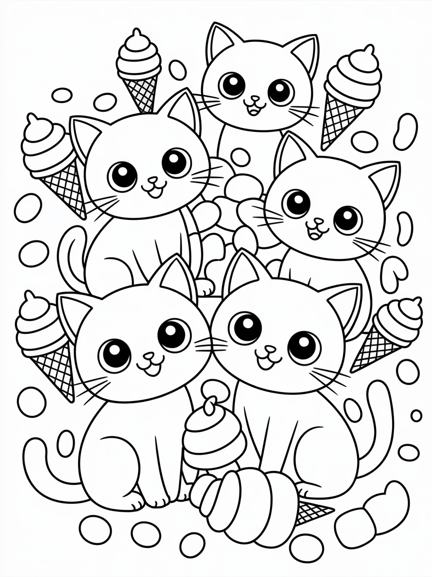 Sweet cute kawaii cats with marshmallows and ice creams - Free Coloring Page