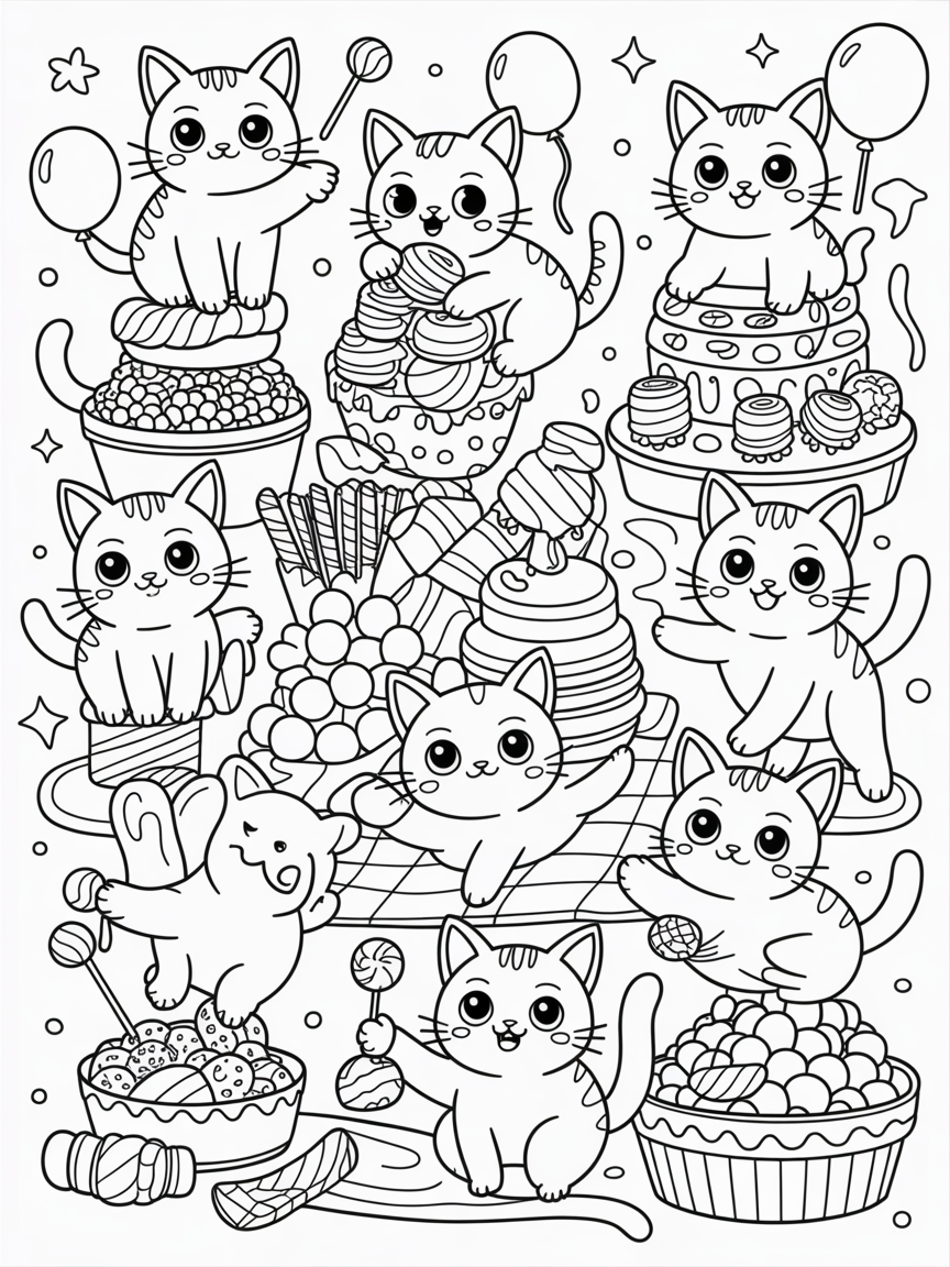 Sweet cute colorful kawaii cats with marshmallows and ice creams - Free Coloring Page