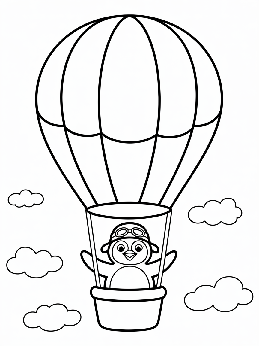 Penguin piloting a hot air balloon - Free Coloring Page