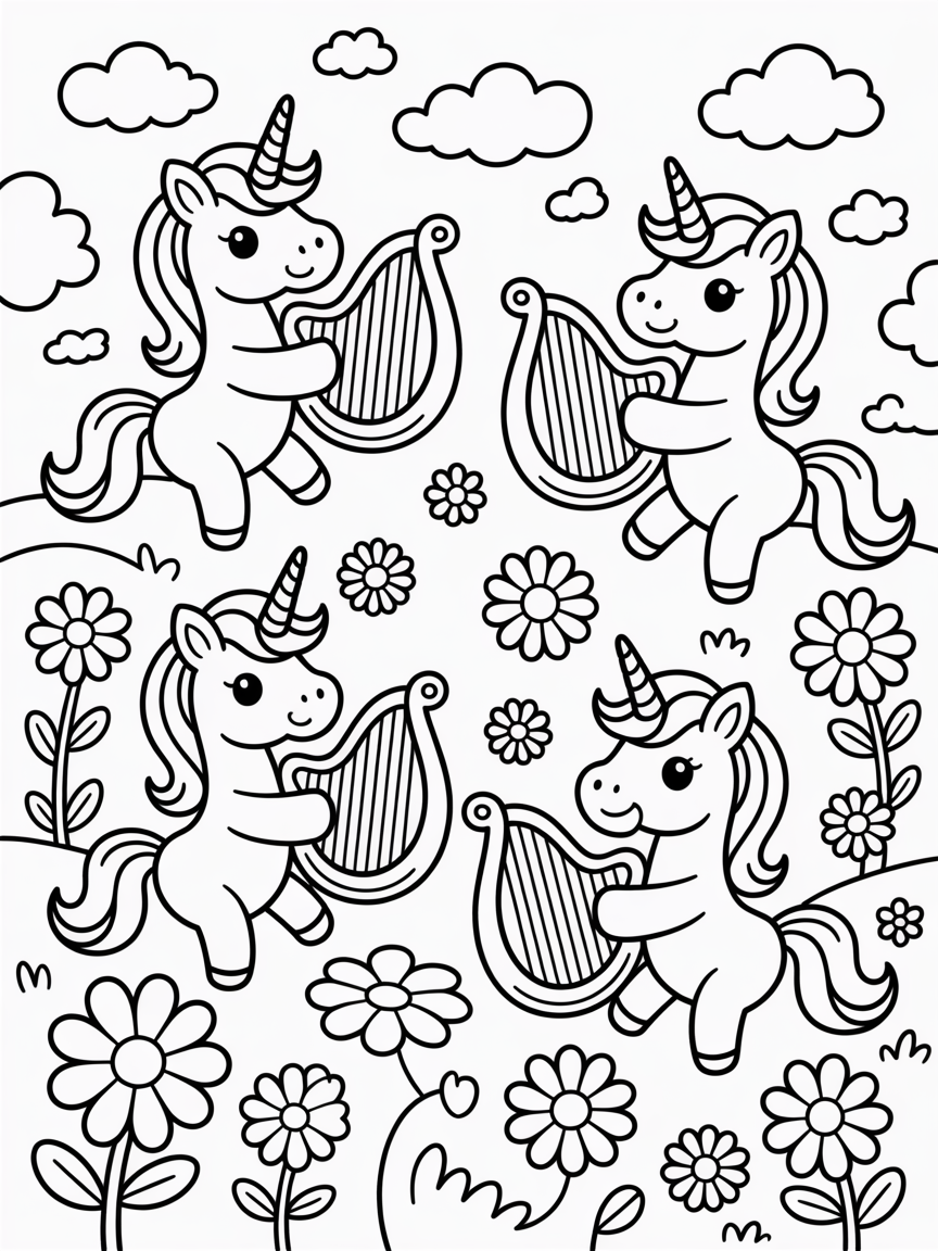 Unicorns playing harps - Free Coloring Page