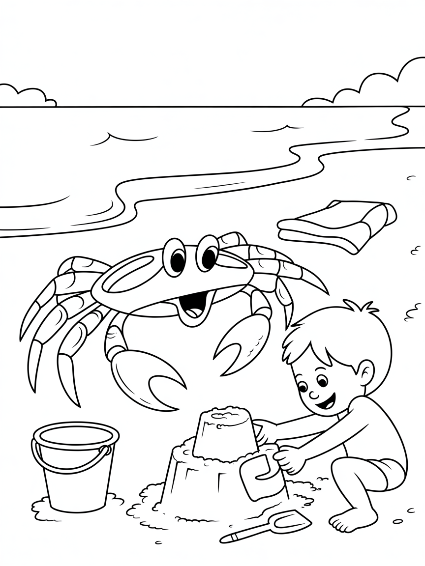 microBioRust colouring with Ferris crab on beach with buckets towel and other beach items - Free Coloring Page