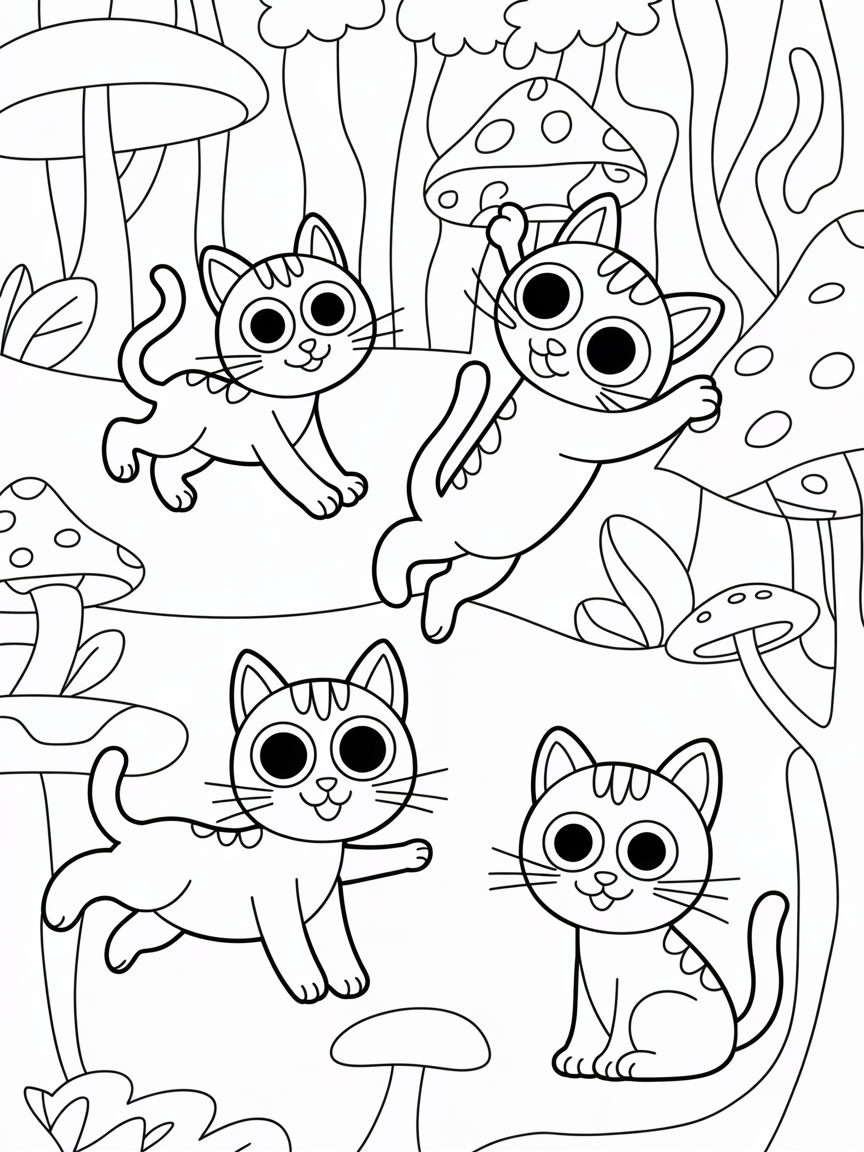 Cats in magical forest - Free Coloring Page