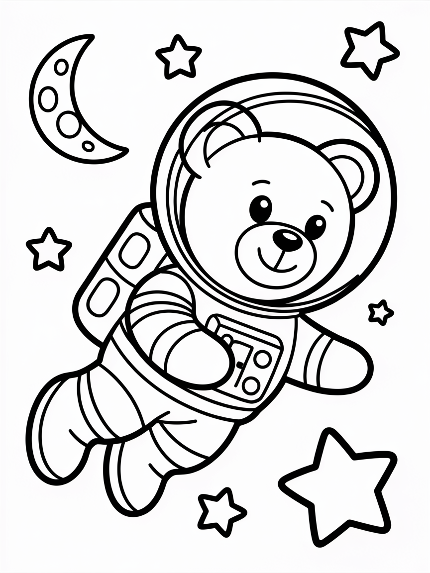 Teddy bear astronaut in outer space - Free Coloring Page