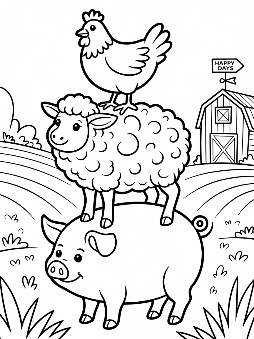 A chicken standing on a sheep that is standing on a pig - Free Coloring Page