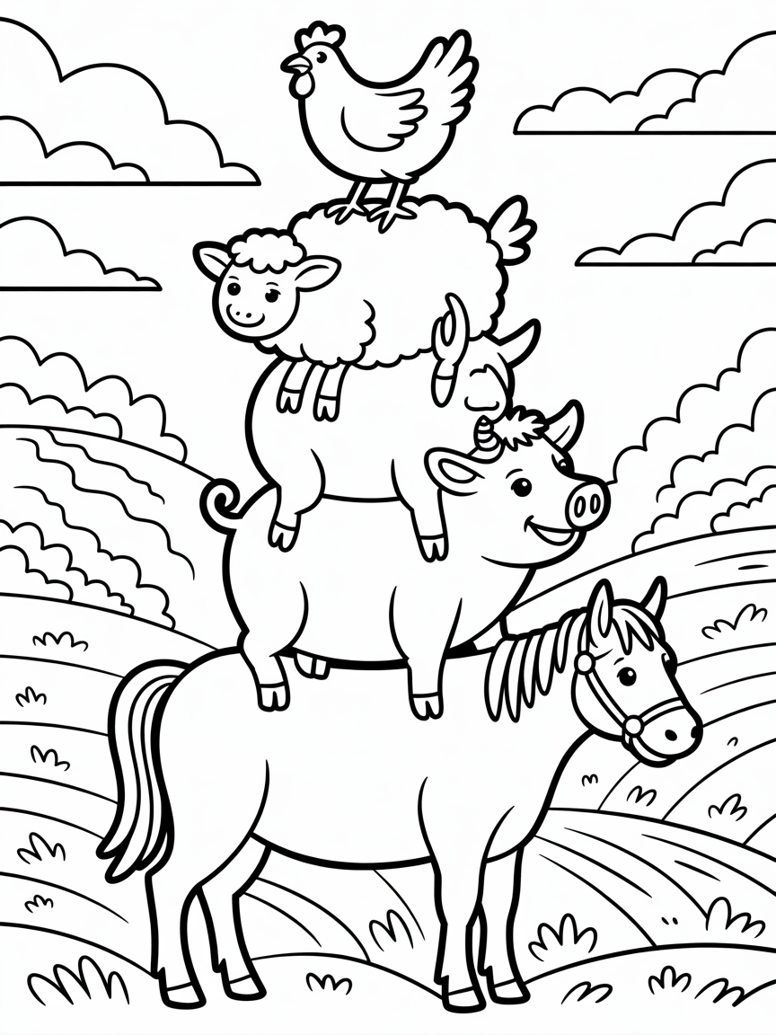 A chicken standing on a sheep that is standing on a pig that is standing on a cow that is standing on a horse - Free Coloring Page