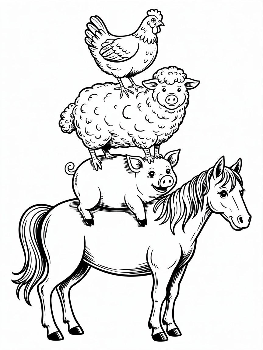 A chicken standing on a sheep that is standing on a pig that is standing on a horse - Free Coloring Page