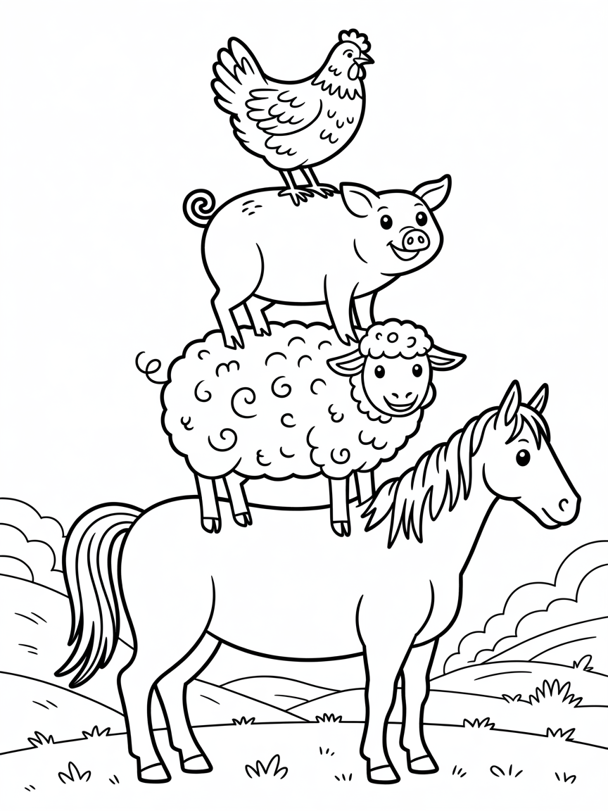 A chicken standing on a pig that is standing on a sheep that is standing on a horse - Free Coloring Page