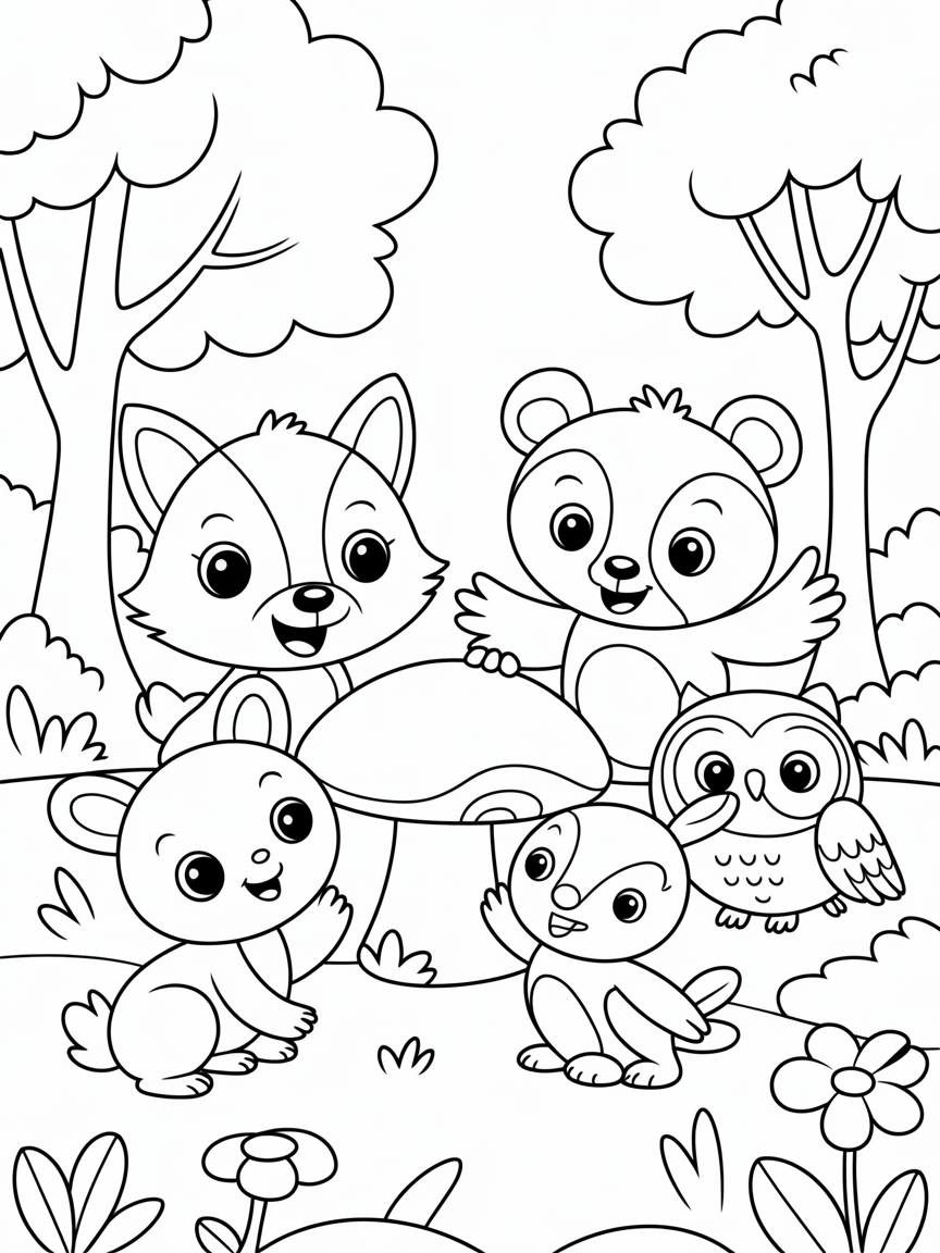 Woodland scene with animals - Free Coloring Page