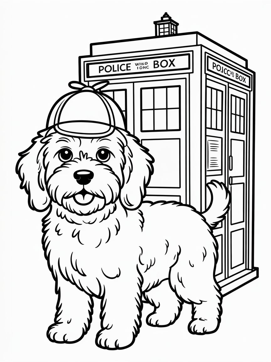 A Cockapoo dog outside a dog kennel that is painted to look like the TARDIS. He is wearing a deerstalker hat like Sherlock holmes - Free Coloring Page