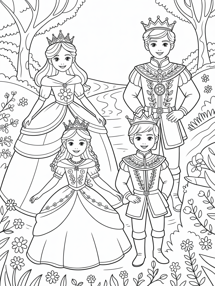 Two princesses one is 10 and the other 11 years o,d in beautiful dresses with long hair with crowns. And Two princes with medieval royal clothes and crowns on. One is 7 years old and one is 11 years old, - Free Coloring Page