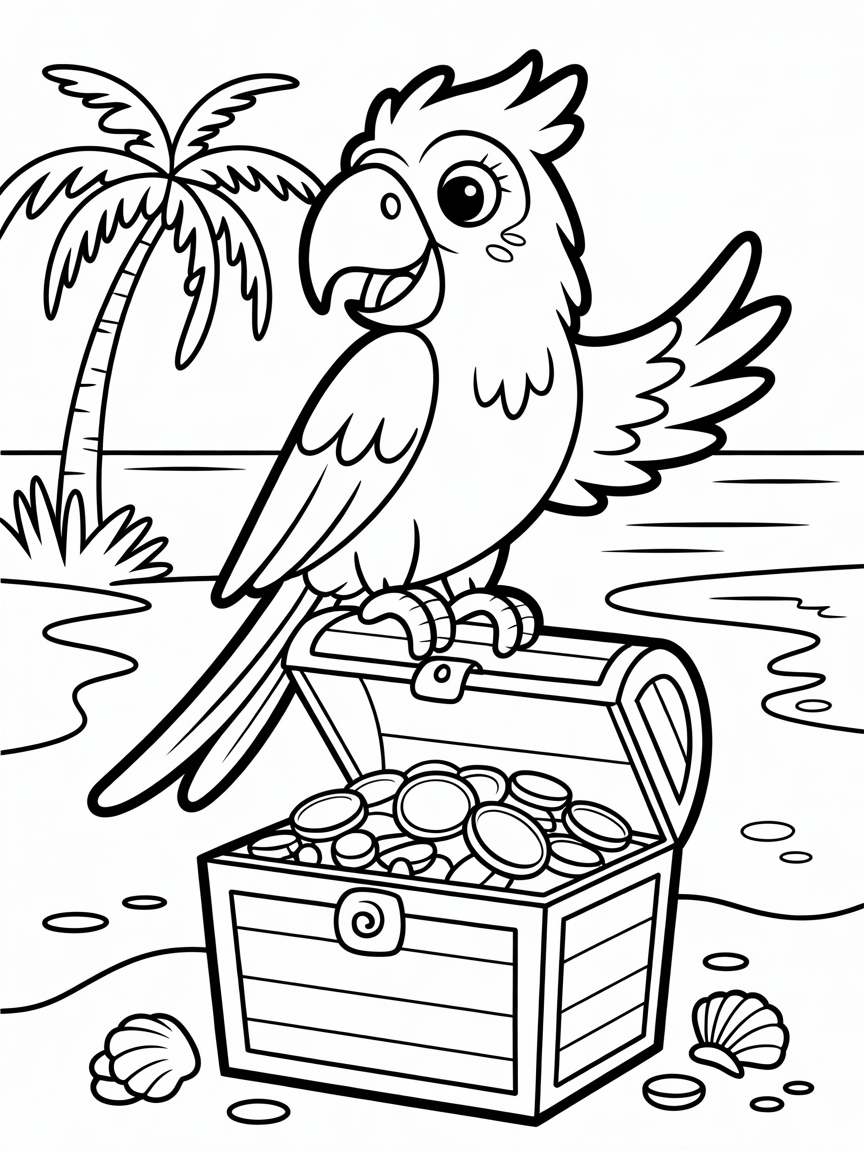 Pirate parrot on a treasure hunt - Free Coloring Page