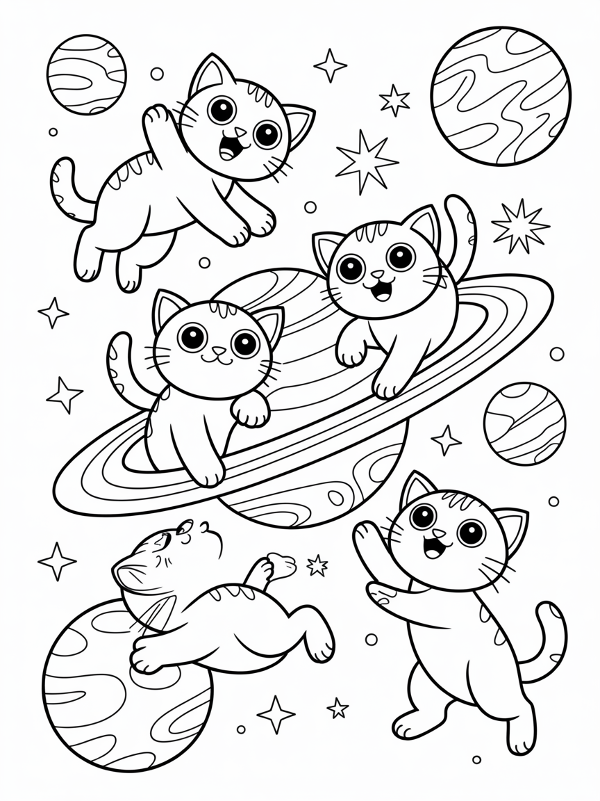 Space kittens exploring outer planets - Free Coloring Page