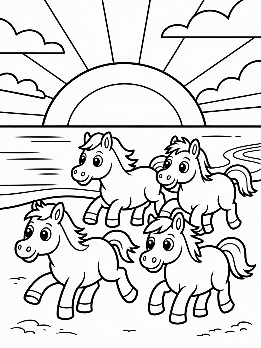 Horses on a sunset beach - Free Coloring Page
