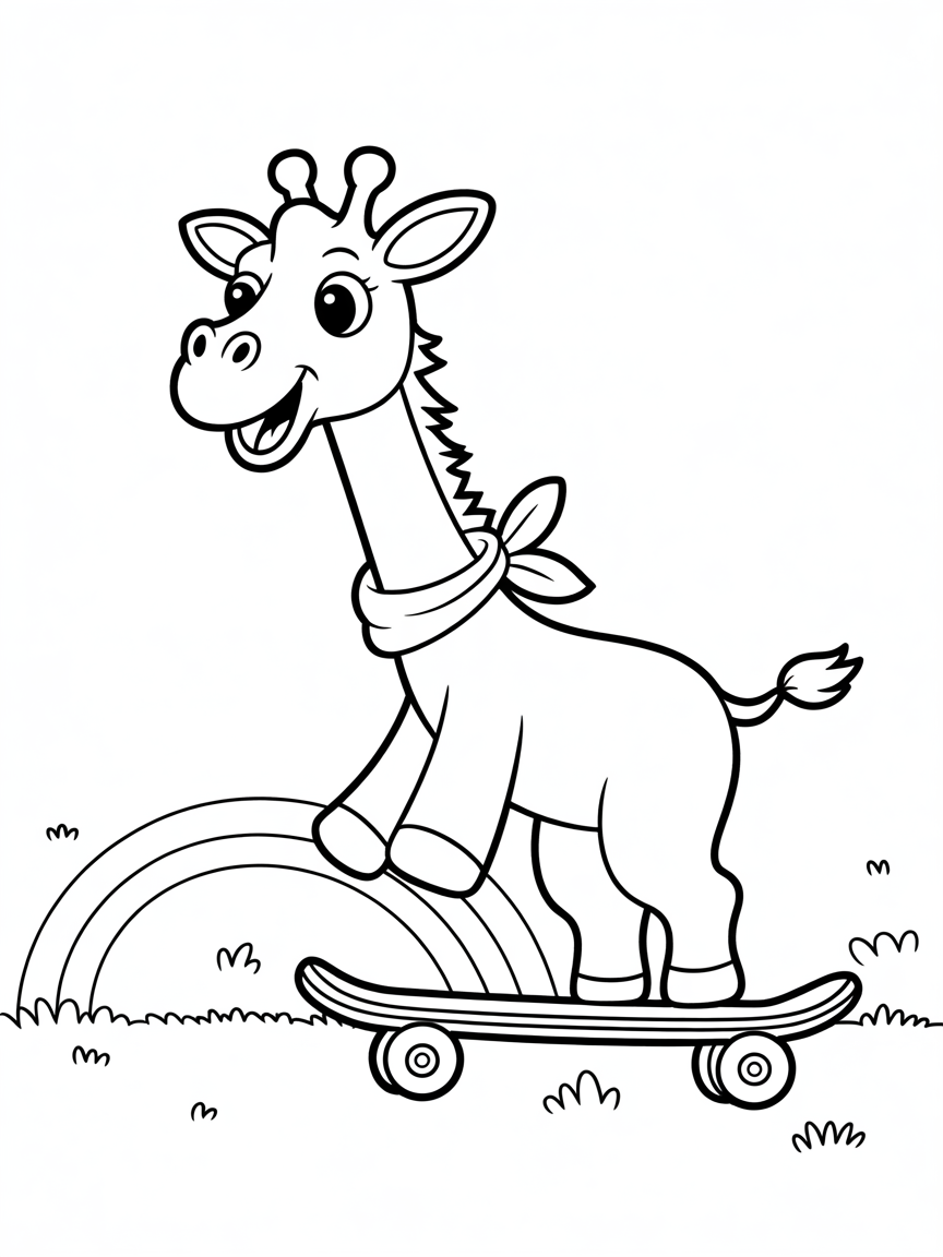 Giraffe riding a rainbow skateboard - Free Coloring Page