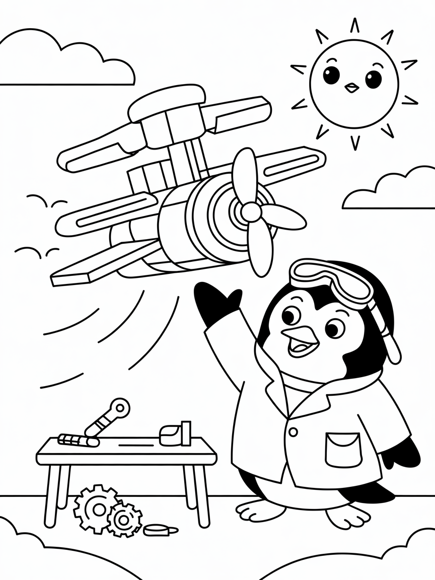 Penguin scientist invents flying machine - Free Coloring Page