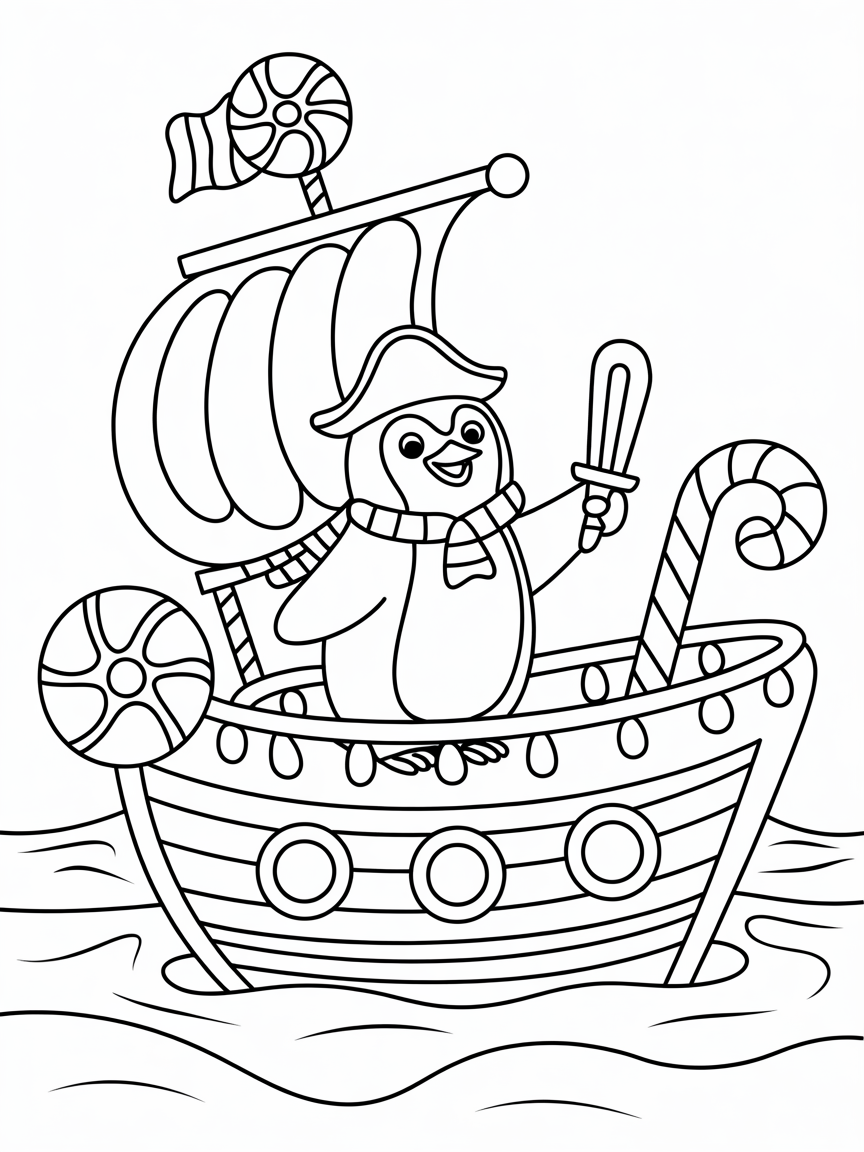 Pirate penguin sailing candy ship - Free Coloring Page