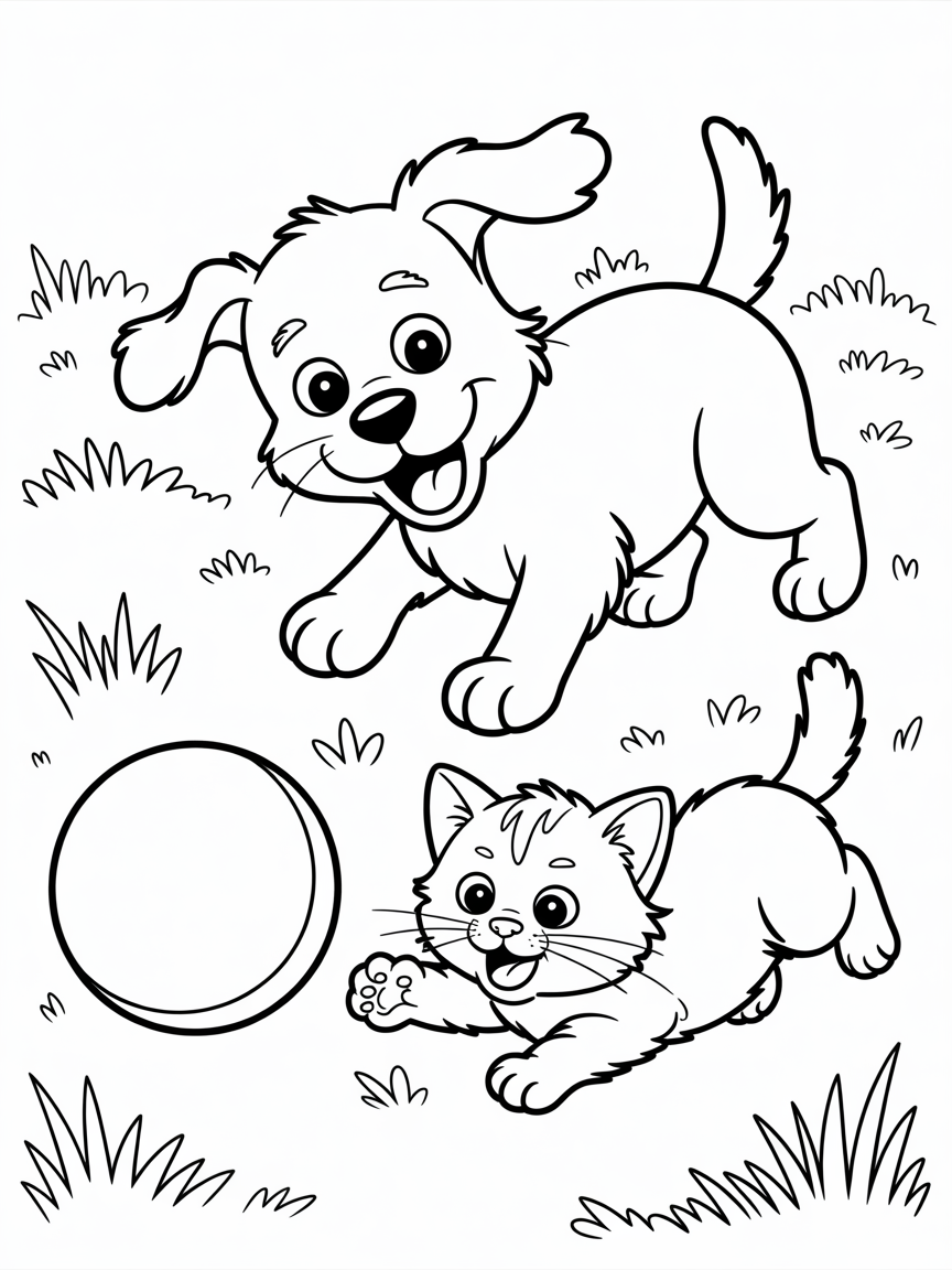 Little dog is playing with a kitten - Free Coloring Page