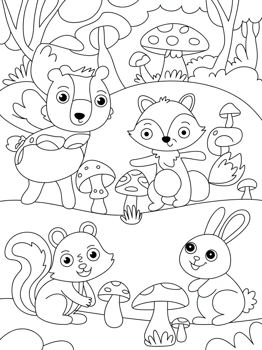 Waldmotiv mit Waldtieren und Pilzen im niedlichen Cartoon-Stil - Free Coloring Page